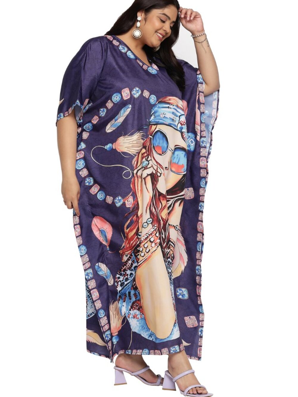 Plus Size Purple Lady Print Kaftan Dress Boho Resort Beach Cover Up - Picture 7 of 7